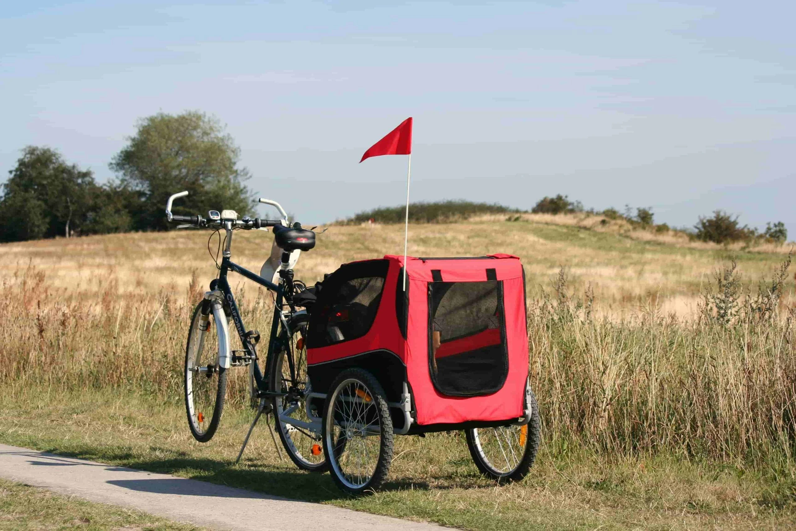 Bicicleta parada en la carretera con un remolque rojo